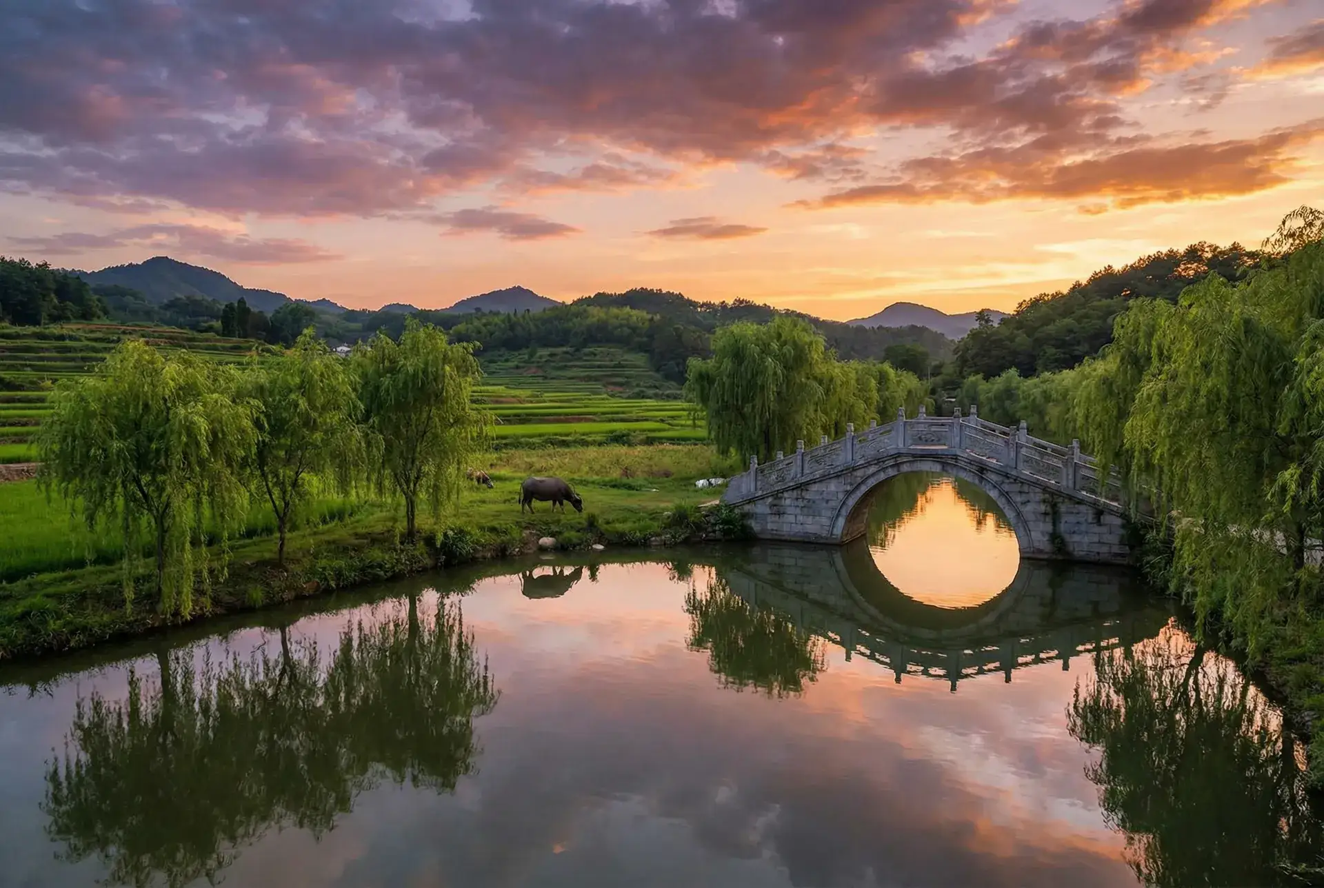 夕阳下的石拱桥与垂柳，水牛在河边吃草 - 我的好妈妈5高清在线观看 乡村美景